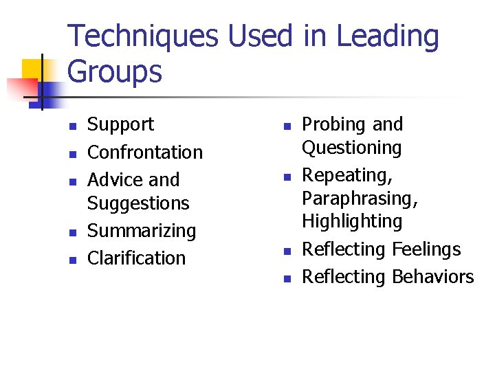 Techniques Used in Leading Groups n n n Support Confrontation Advice and Suggestions Summarizing Techniques Used in Leading Groups n n n Support Confrontation Advice and Suggestions Summarizing