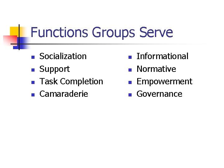 Functions Groups Serve n n Socialization Support Task Completion Camaraderie n n Informational Normative Functions Groups Serve n n Socialization Support Task Completion Camaraderie n n Informational Normative