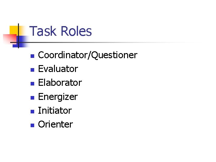 Task Roles n n n Coordinator/Questioner Evaluator Elaborator Energizer Initiator Orienter Task Roles n n n Coordinator/Questioner Evaluator Elaborator Energizer Initiator Orienter