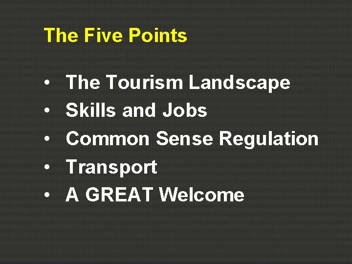 The Five Points • • • The Tourism Landscape Skills and Jobs Common Sense