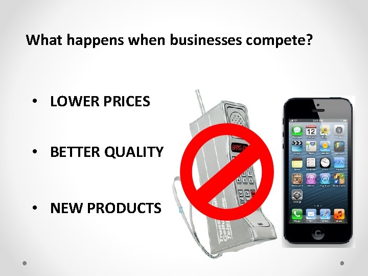 What happens when businesses compete? • LOWER PRICES • BETTER QUALITY • NEW PRODUCTS