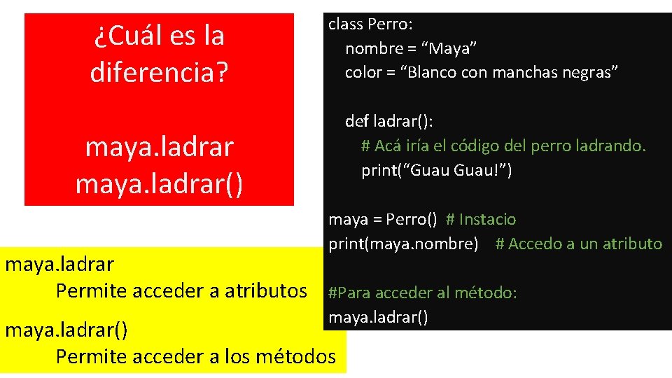 ¿Cuál es la diferencia? class Perro: nombre = “Maya” color = “Blanco con manchas