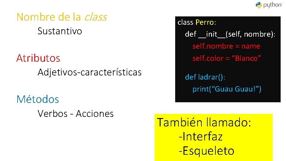 Nombre de la class Sustantivo Atributos Adjetivos-características Métodos Verbos - Acciones class Perro: def