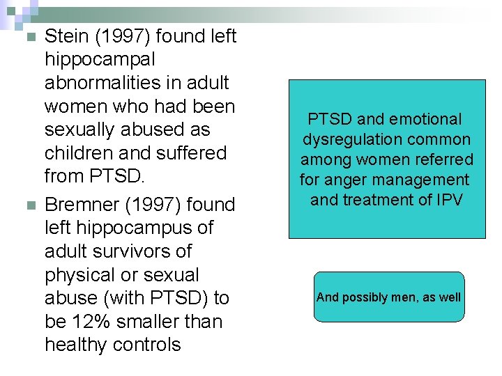 n n Stein (1997) found left hippocampal abnormalities in adult women who had been