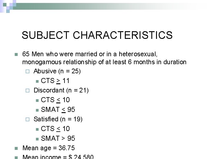 SUBJECT CHARACTERISTICS n 65 Men who were married or in a heterosexual, monogamous relationship