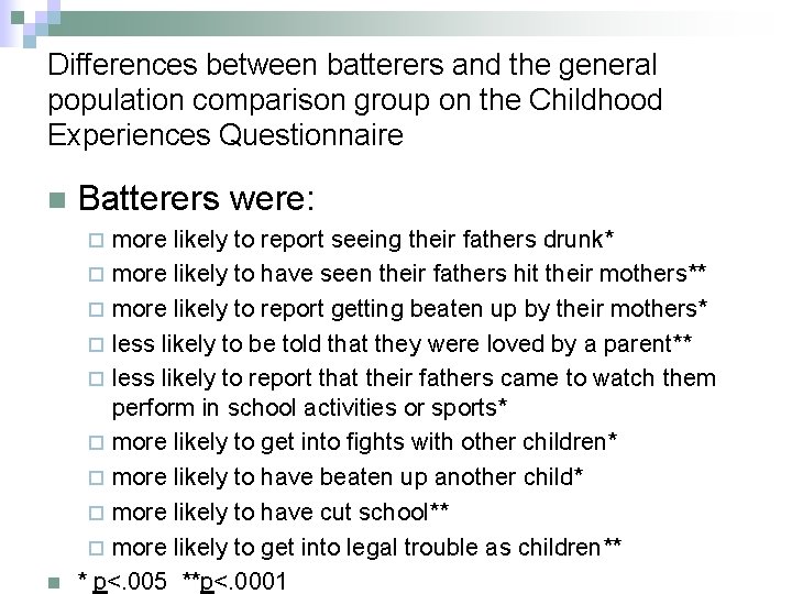 Differences between batterers and the general population comparison group on the Childhood Experiences Questionnaire