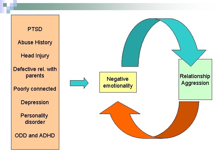 PTSD Abuse History Head Injury Defective rel. with parents Poorly connected Depression Personality disorder