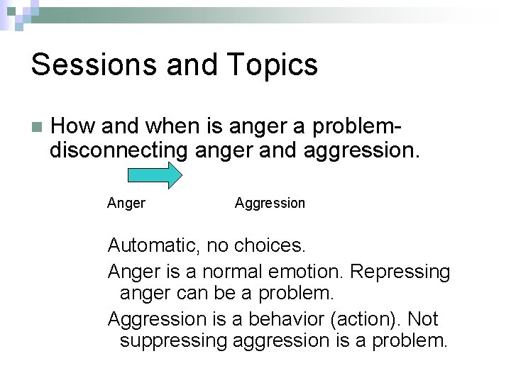 Sessions and Topics n How and when is anger a problemdisconnecting anger and aggression.