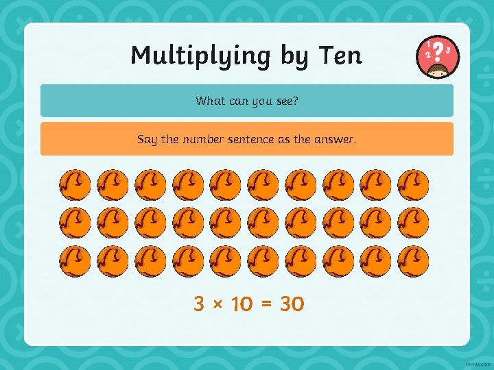 Multiplying by Ten What can you see? Say the number sentence as the answer.