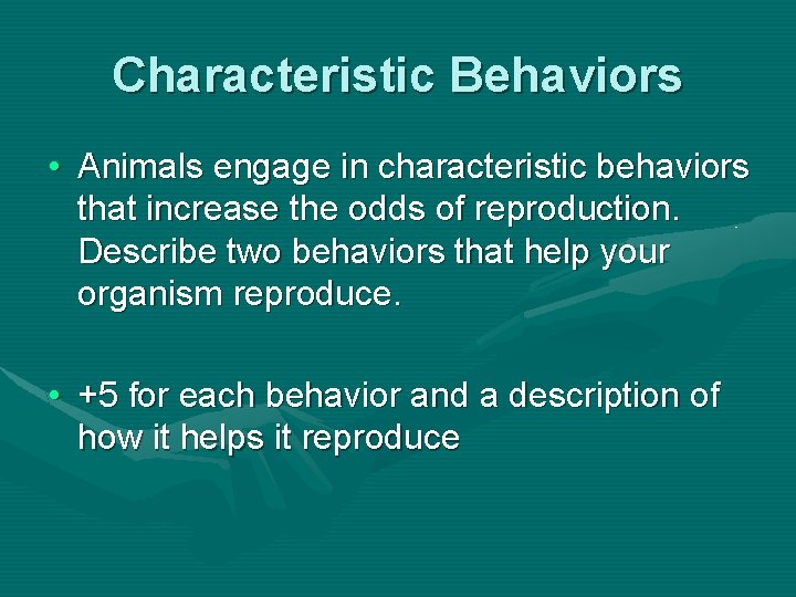 Characteristic Behaviors • Animals engage in characteristic behaviors that increase the odds of reproduction.
