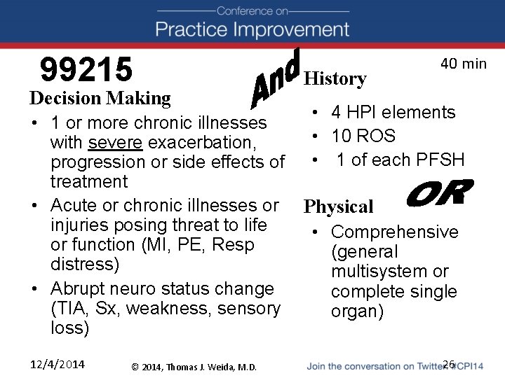 99215 Decision Making • 1 or more chronic illnesses with severe exacerbation, progression or