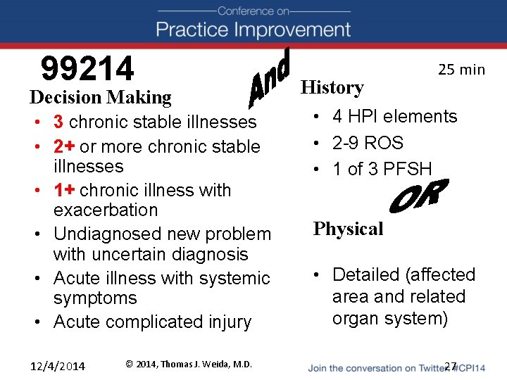 99214 Decision Making • 3 chronic stable illnesses • 2+ or more chronic stable