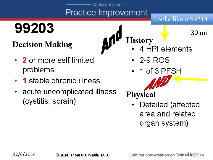 Looks like a 99214 99203 Decision Making • 2 or more self limited problems