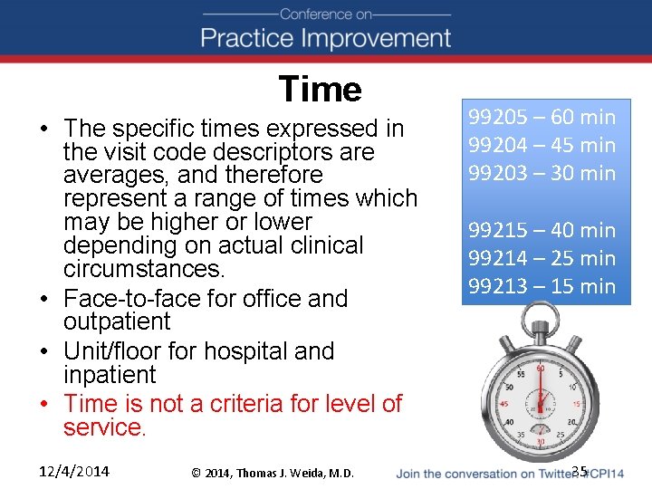 Time • The specific times expressed in the visit code descriptors are averages, and