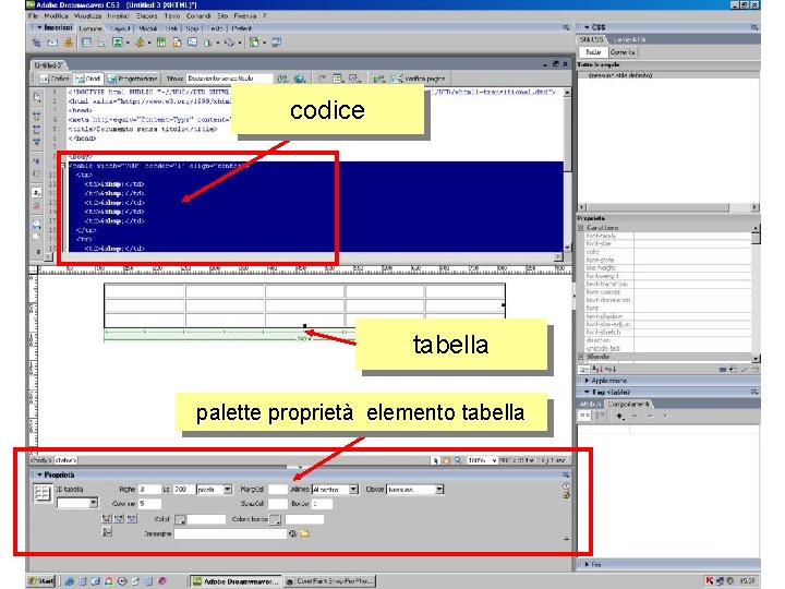 codice tabella palette proprietà elemento tabella 