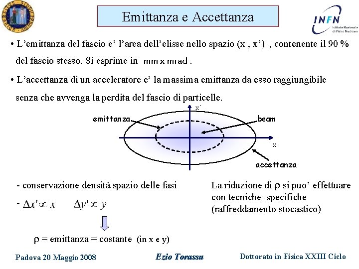 Emittanza e Accettanza • L’emittanza del fascio e’ l’area dell’elisse nello spazio (x ,