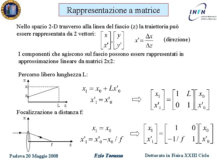 Rappresentazione a matrice Nello spazio 2 -D trasverso alla linea del fascio (z) la