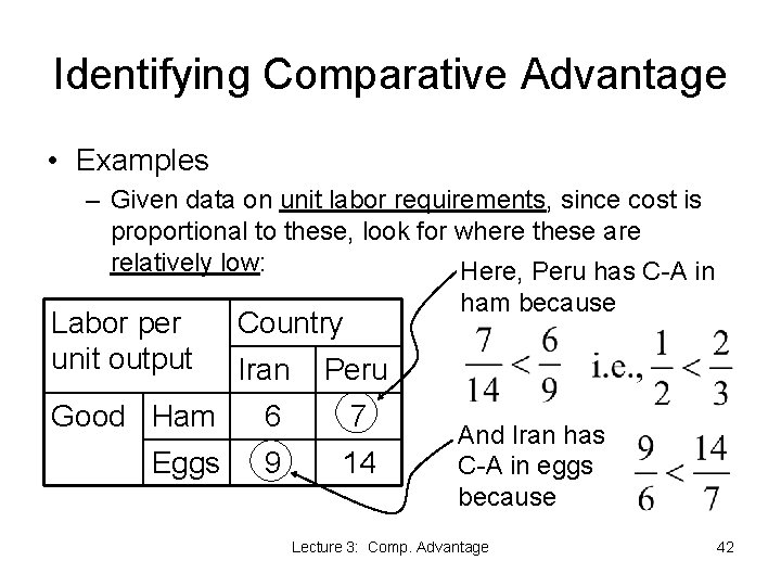 Identifying Comparative Advantage • Examples – Given data on unit labor requirements, since cost