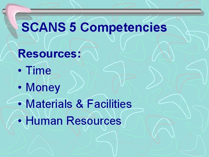 SCANS 5 Competencies Resources: • Time • Money • Materials & Facilities • Human