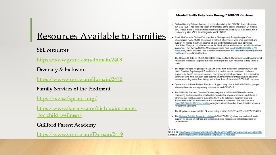 Resources Available to Families SEL resources https: //www. gcsnc. com/domain/2408 Diversity & Inclusion https: