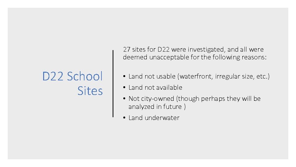 27 sites for D 22 were investigated, and all were deemed unacceptable for the