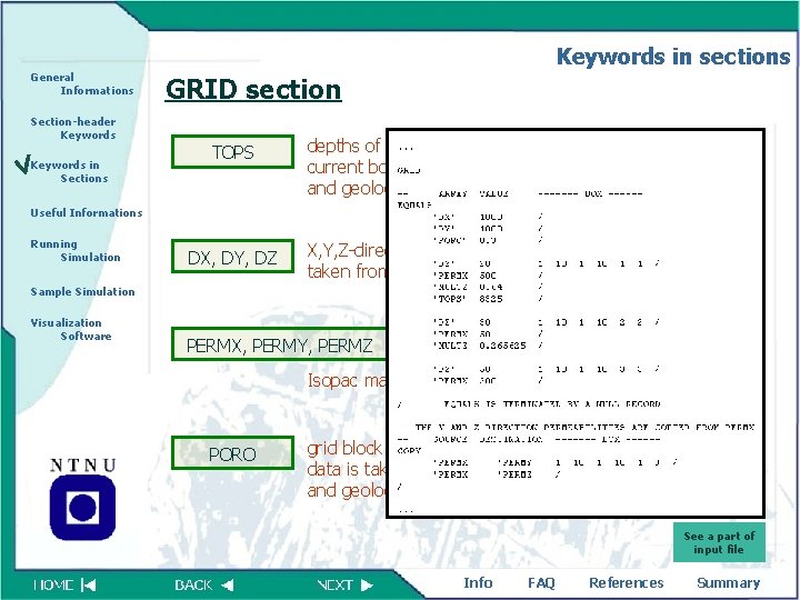 Keywords in sections General Informations GRID section Section-header Keywords in Sections TOPS depths of