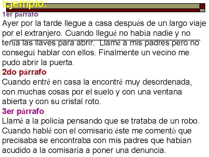 Ejemplo: 1 er párrafo Ayer por la tarde llegue a casa después de un