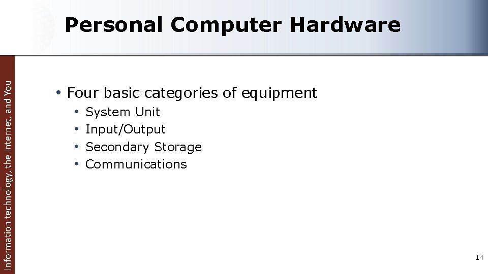 Information technology, the Internet, and You Personal Computer Hardware • Four basic categories of