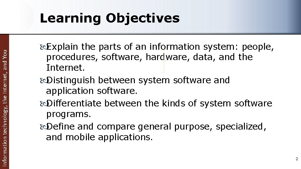 Information technology, the Internet, and You Learning Objectives Explain the parts of an information