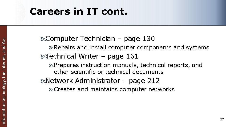 Information technology, the Internet, and You Careers in IT cont. Computer Technician – page