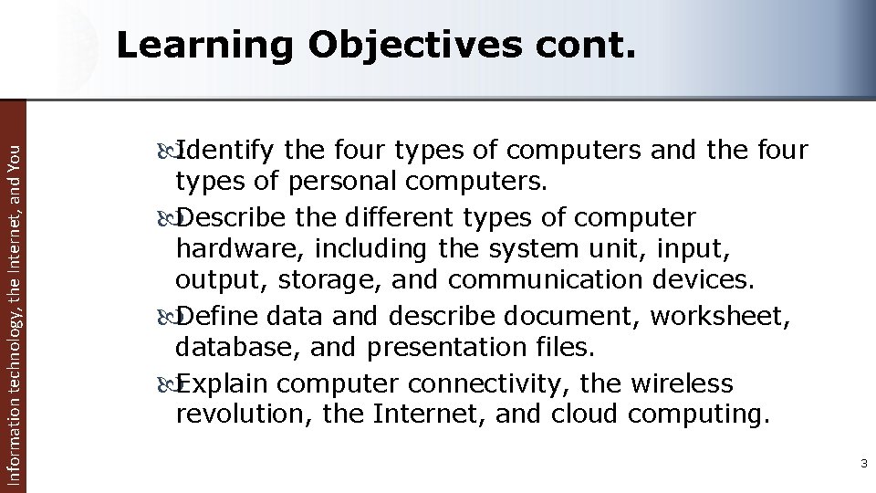 Information technology, the Internet, and You Learning Objectives cont. Identify the four types of