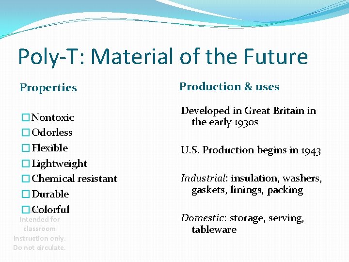 Poly-T: Material of the Future Properties �Nontoxic �Odorless �Flexible �Lightweight �Chemical resistant �Durable �IMOS