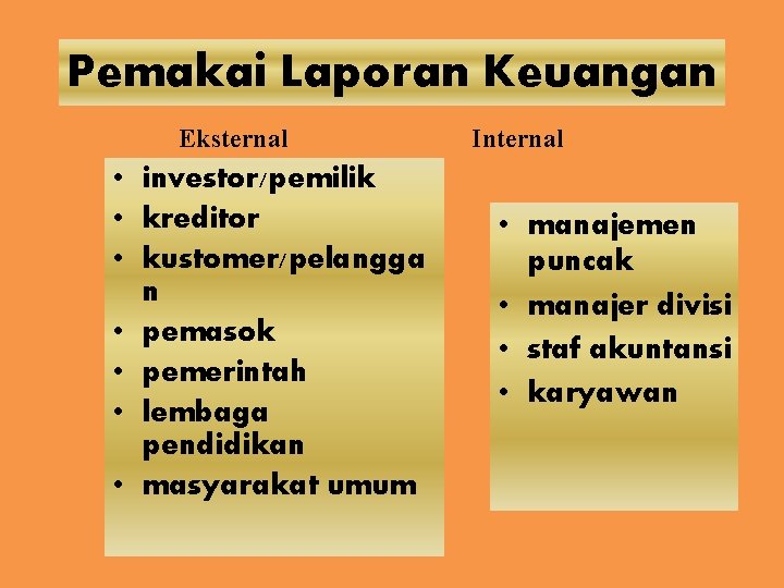 Pemakai Laporan Keuangan Eksternal • investor/pemilik • kreditor • kustomer/pelangga n • pemasok •