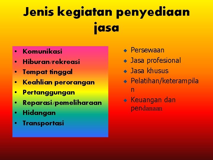 Jenis kegiatan penyediaan jasa • • Komunikasi Hiburan/rekreasi Tempat tinggal Keahlian perorangan Pertanggungan Reparasi/pemeliharaan