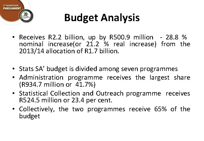 Budget Analysis • Receives R 2. 2 billion, up by R 500. 9 million