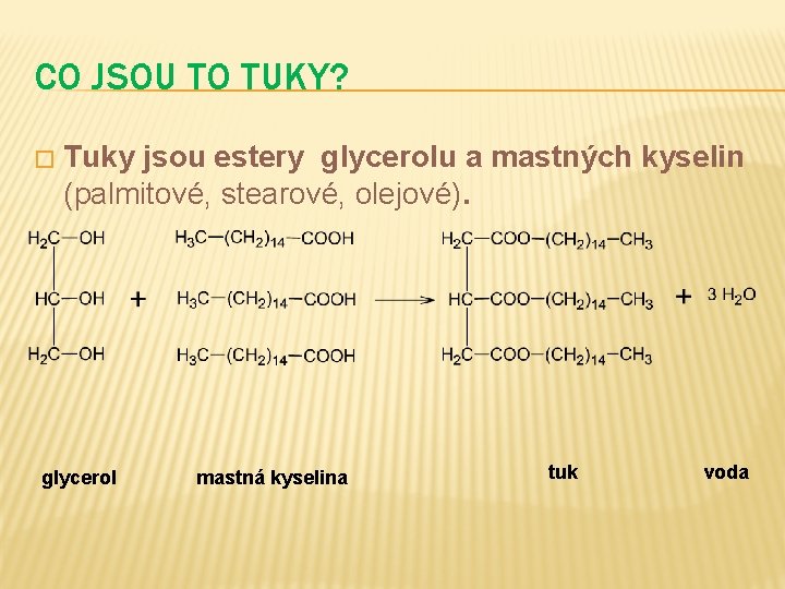 CO JSOU TO TUKY? � Tuky jsou estery glycerolu a mastných kyselin (palmitové, stearové,