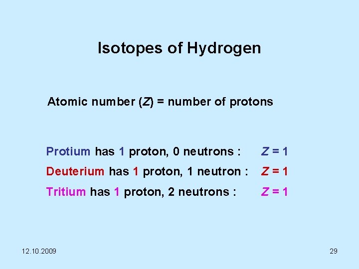 Isotopes of Hydrogen Atomic number (Z) = number of protons Protium has 1 proton,