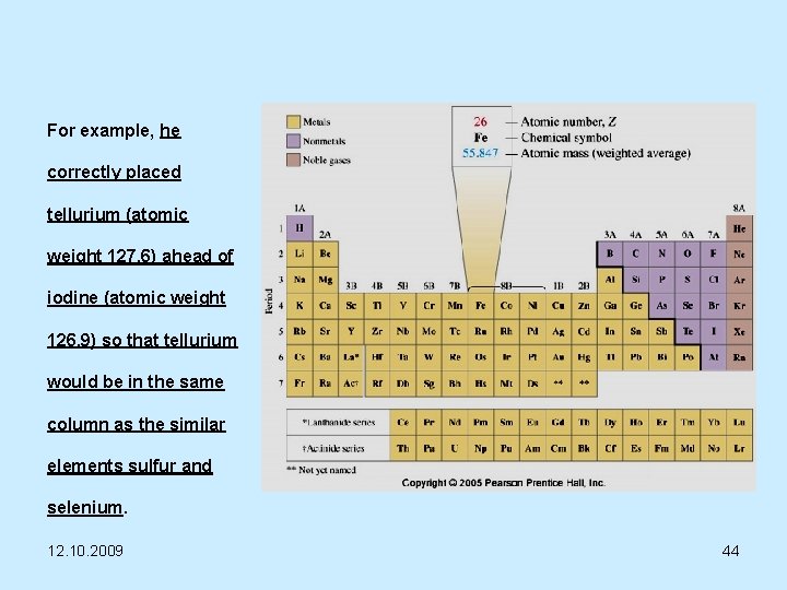 For example, he correctly placed tellurium (atomic weight 127. 6) ahead of iodine (atomic