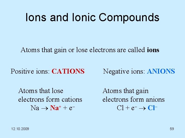 Ions and Ionic Compounds Atoms that gain or lose electrons are called ions Positive