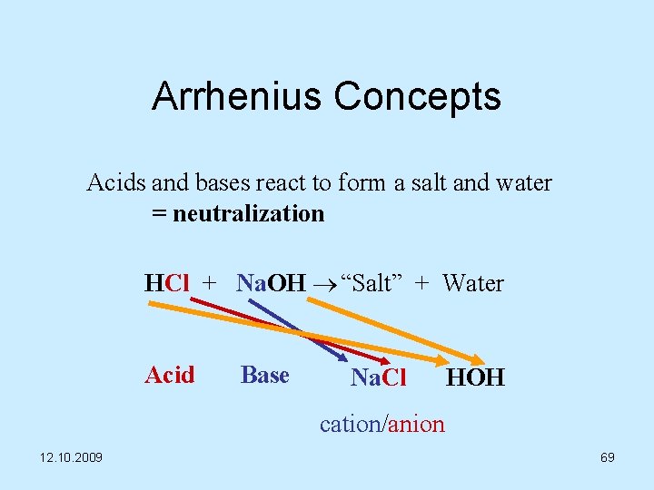 Arrhenius Concepts Acids and bases react to form a salt and water = neutralization