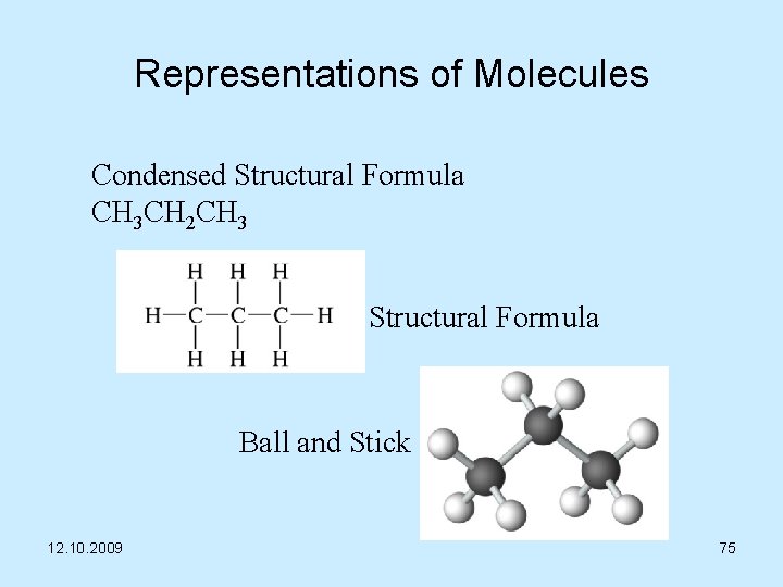 Representations of Molecules Condensed Structural Formula CH 3 CH 2 CH 3 Structural Formula