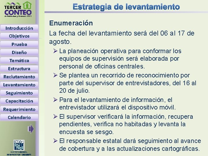 Introducción Objetivos Prueba Diseño Temática Estructura Reclutamiento Levantamiento Seguimiento Capacitación Requerimiento Calendario Enumeración La