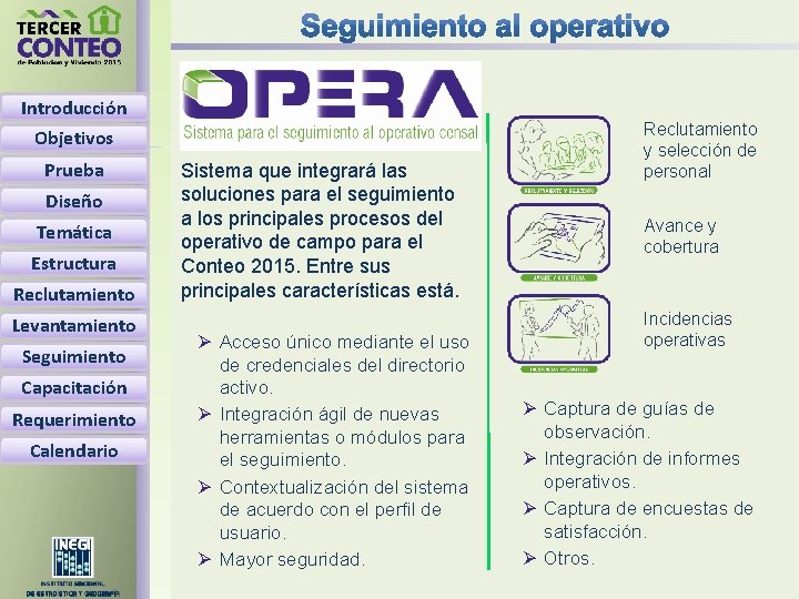 Introducción Objetivos Prueba Diseño Temática Estructura Reclutamiento Levantamiento Seguimiento Capacitación Requerimiento Calendario Sistema que