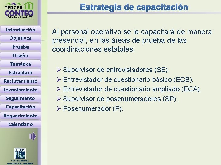 Introducción Objetivos Prueba Diseño Temática Estructura Reclutamiento Levantamiento Seguimiento Capacitación Requerimiento Calendario Al personal