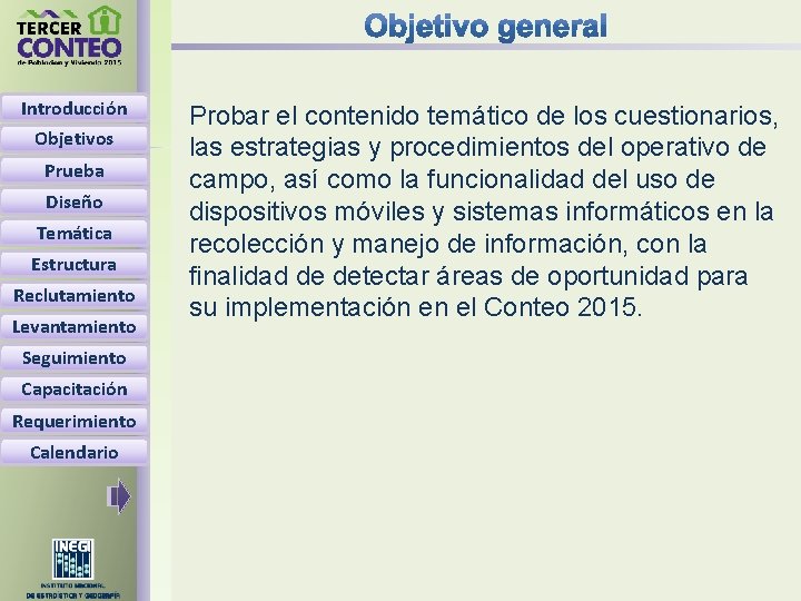 Introducción Objetivos Prueba Diseño Temática Estructura Reclutamiento Levantamiento Seguimiento Capacitación Requerimiento Calendario Probar el