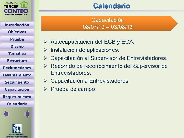 Capacitación 08/07/13 – 03/08/13 Introducción Objetivos Prueba Diseño Temática Estructura Reclutamiento Levantamiento Seguimiento Capacitación