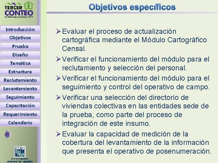 Introducción Objetivos Prueba Diseño Temática Estructura Reclutamiento Levantamiento Seguimiento Capacitación Requerimiento Calendario Ø Evaluar