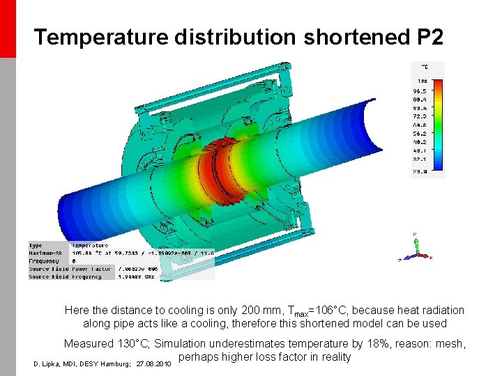 Temperature distribution shortened P 2 Here the distance to cooling is only 200 mm,