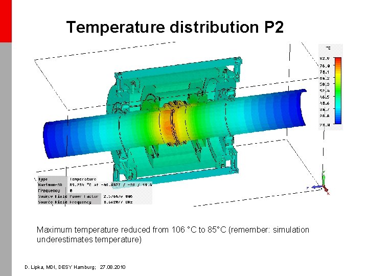 Temperature distribution P 2 Maximum temperature reduced from 106 °C to 85°C (remember: simulation