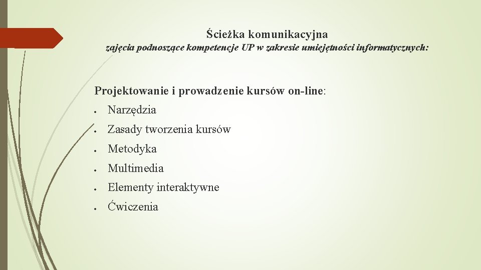 Ścieżka komunikacyjna zajęcia podnoszące kompetencje UP w zakresie umiejętności informatycznych: Projektowanie i prowadzenie kursów